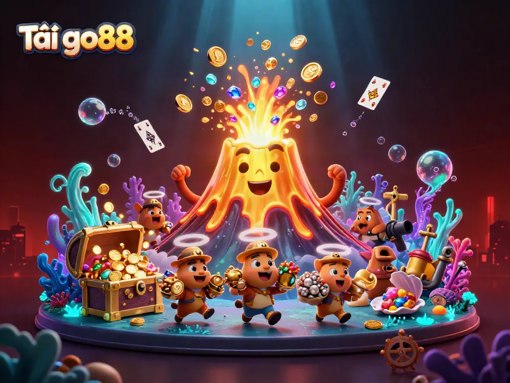Experience the excitement of Tải go88 with treasures erupting from a golden volcano in this vibrant casino scene.