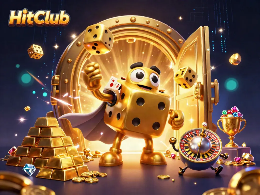 Experience the excitement of the HitClub casino with golden dice, treasures, and dynamic characters.