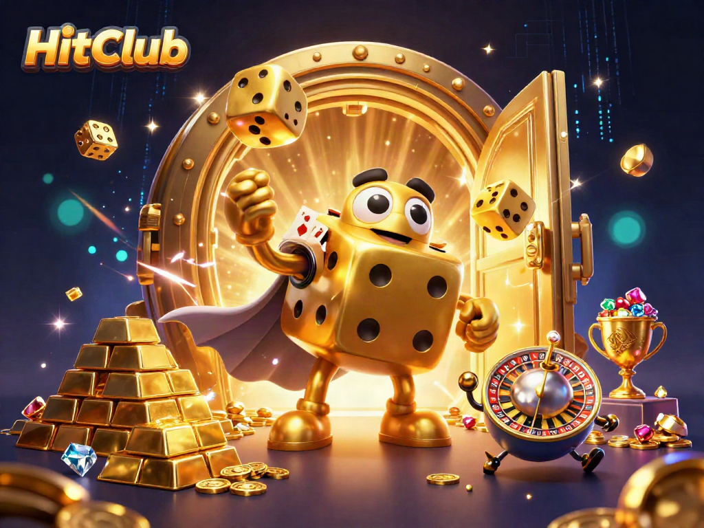 Experience the excitement of the HitClub casino with golden dice, treasures, and dynamic characters.