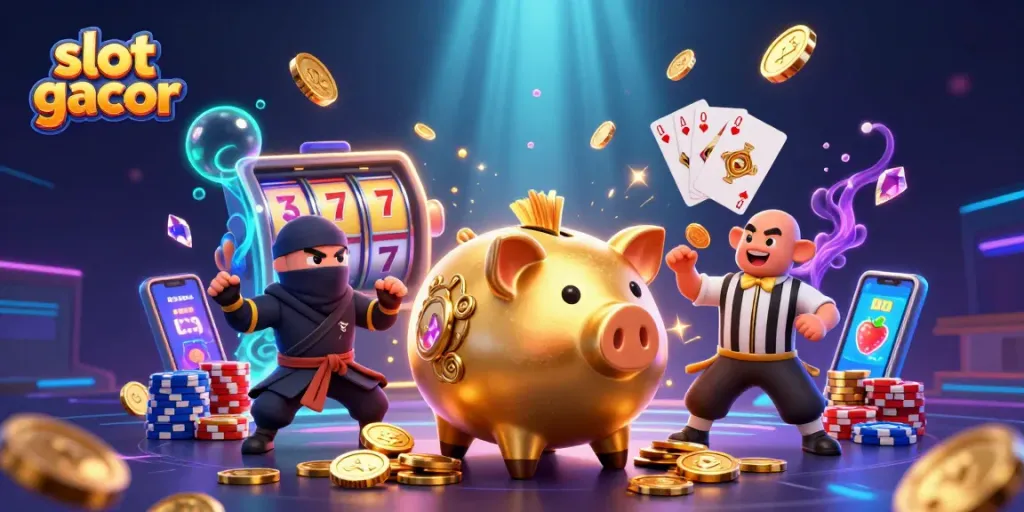 Menang besar dengan slot gacor, ilustrasi atraktif menampilkan karakter kasino dan elemen permainan yang dinamis.