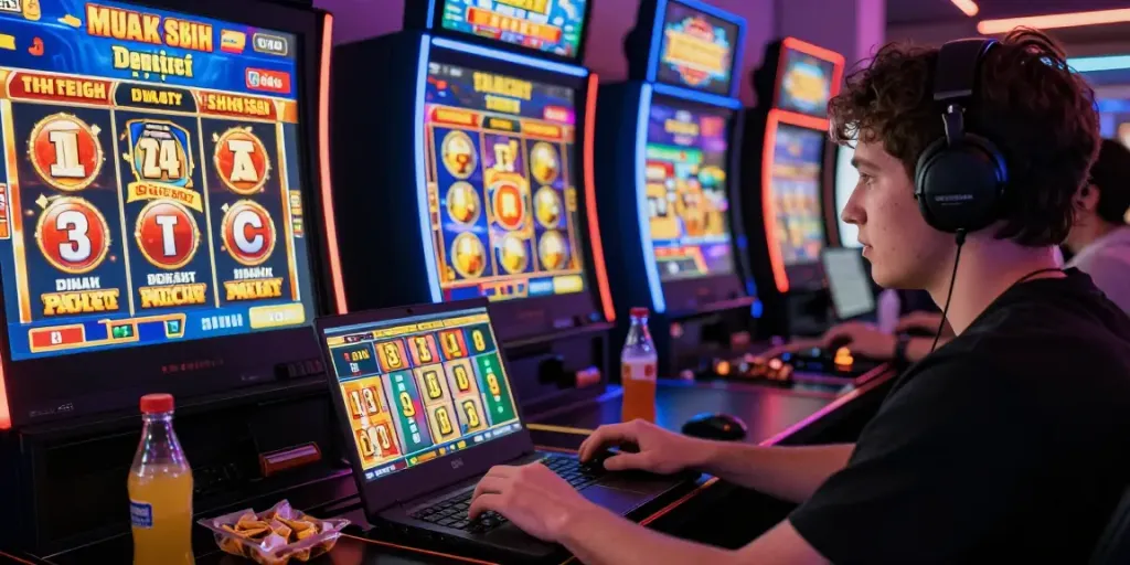Slot gacor yang menarik dengan pemain fokus bermain slot online di laptop dengan suasana yang ceria.