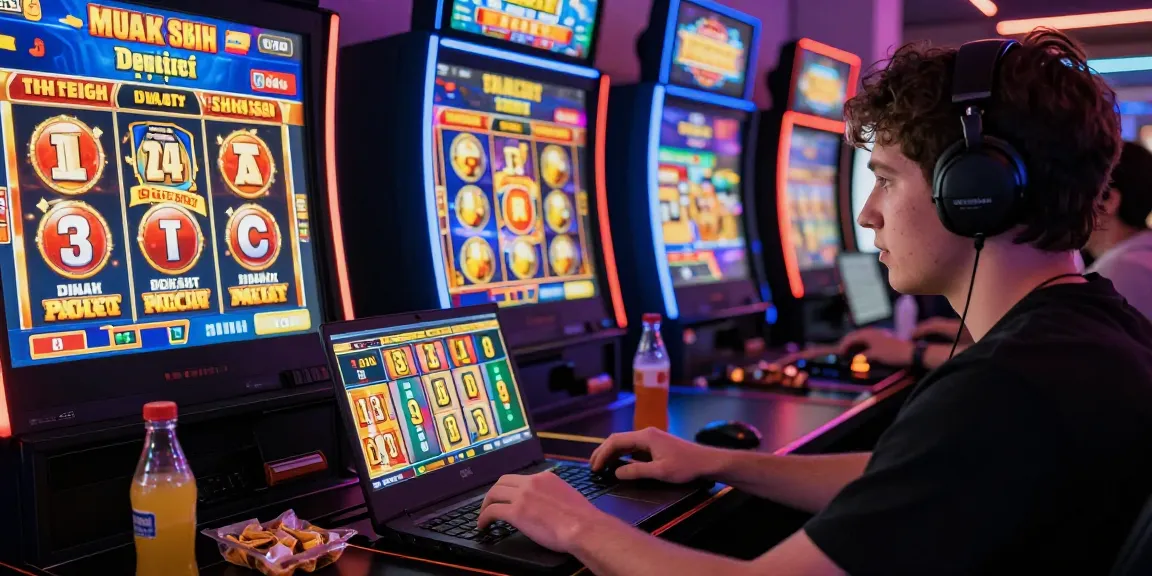 Slot gacor yang menarik dengan pemain fokus bermain slot online di laptop dengan suasana yang ceria.