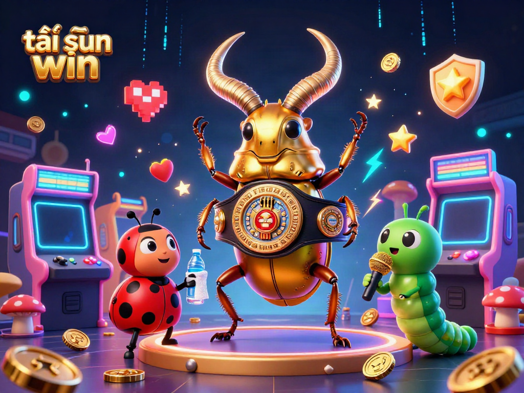 Tải sun win and engage with a vibrant gaming scene featuring a giant golden stag beetle and colorful elements