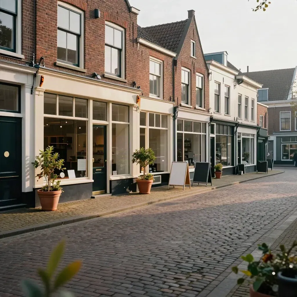 Klein stadsplein met lege etalages, stoepborden en frisse gevelbeplanting bij een lokaal bedrijf.