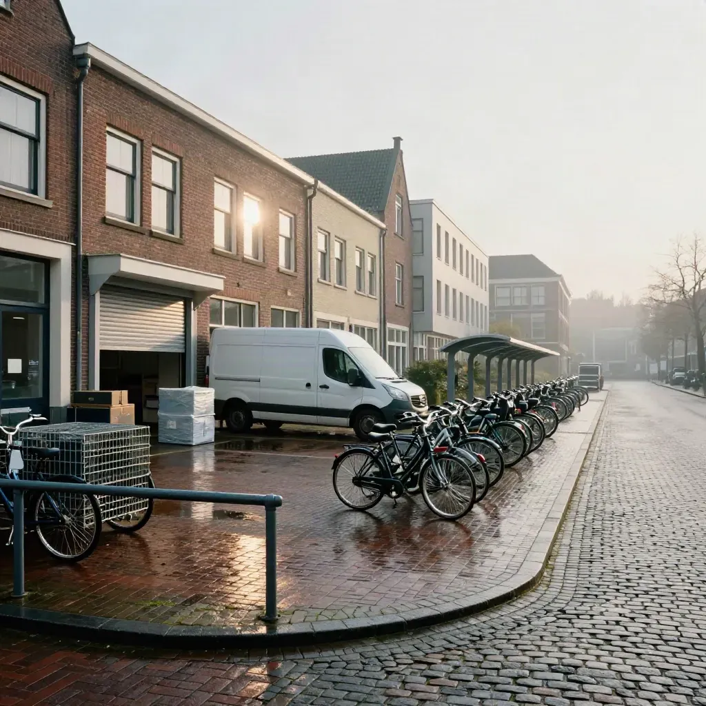 Mistige ochtend in een Nederlandse straat met distributiehof, zorgcampus en fietsenstalling.