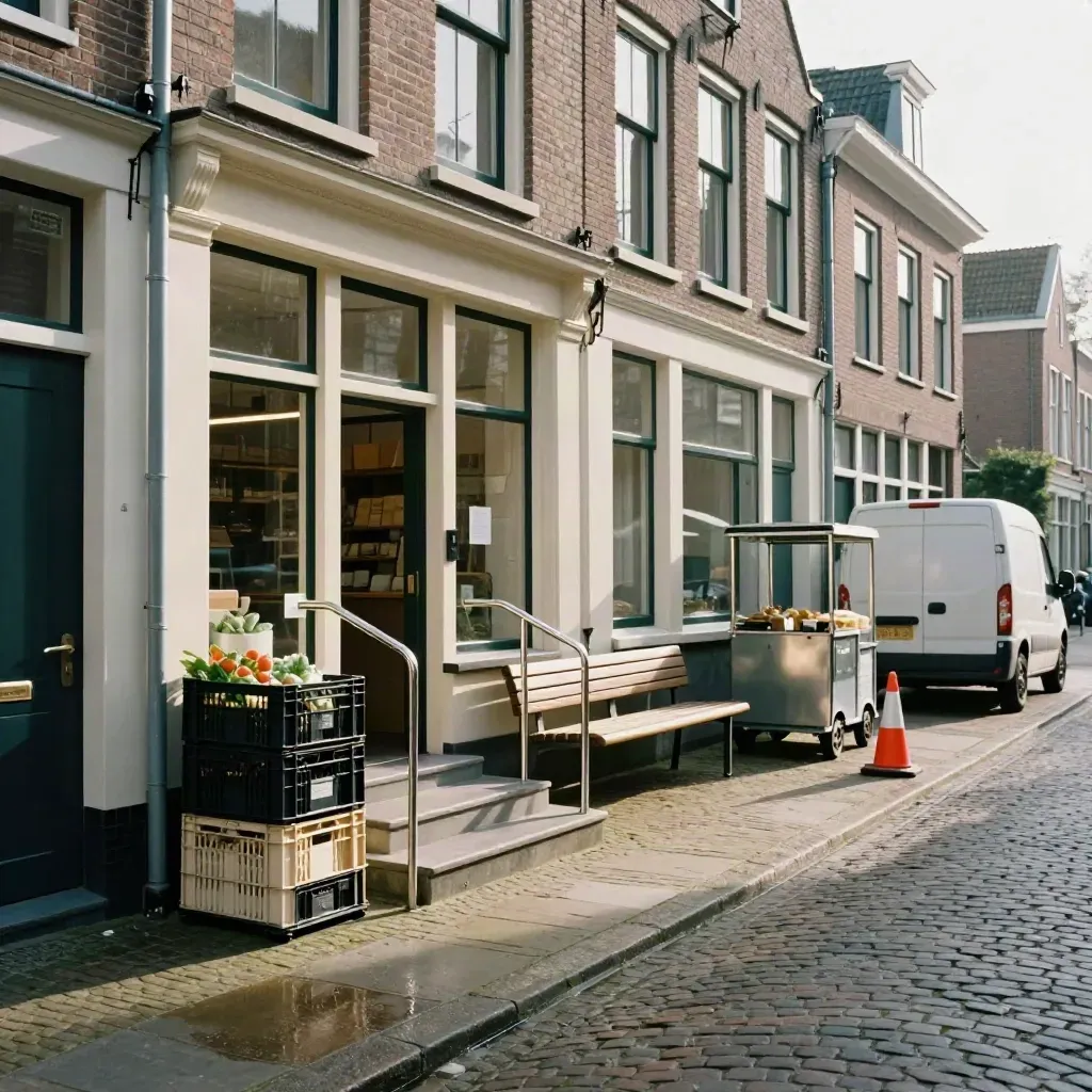 Stille straat met winkelpui, zorgingang en servicewagen in zacht ochtendlicht
