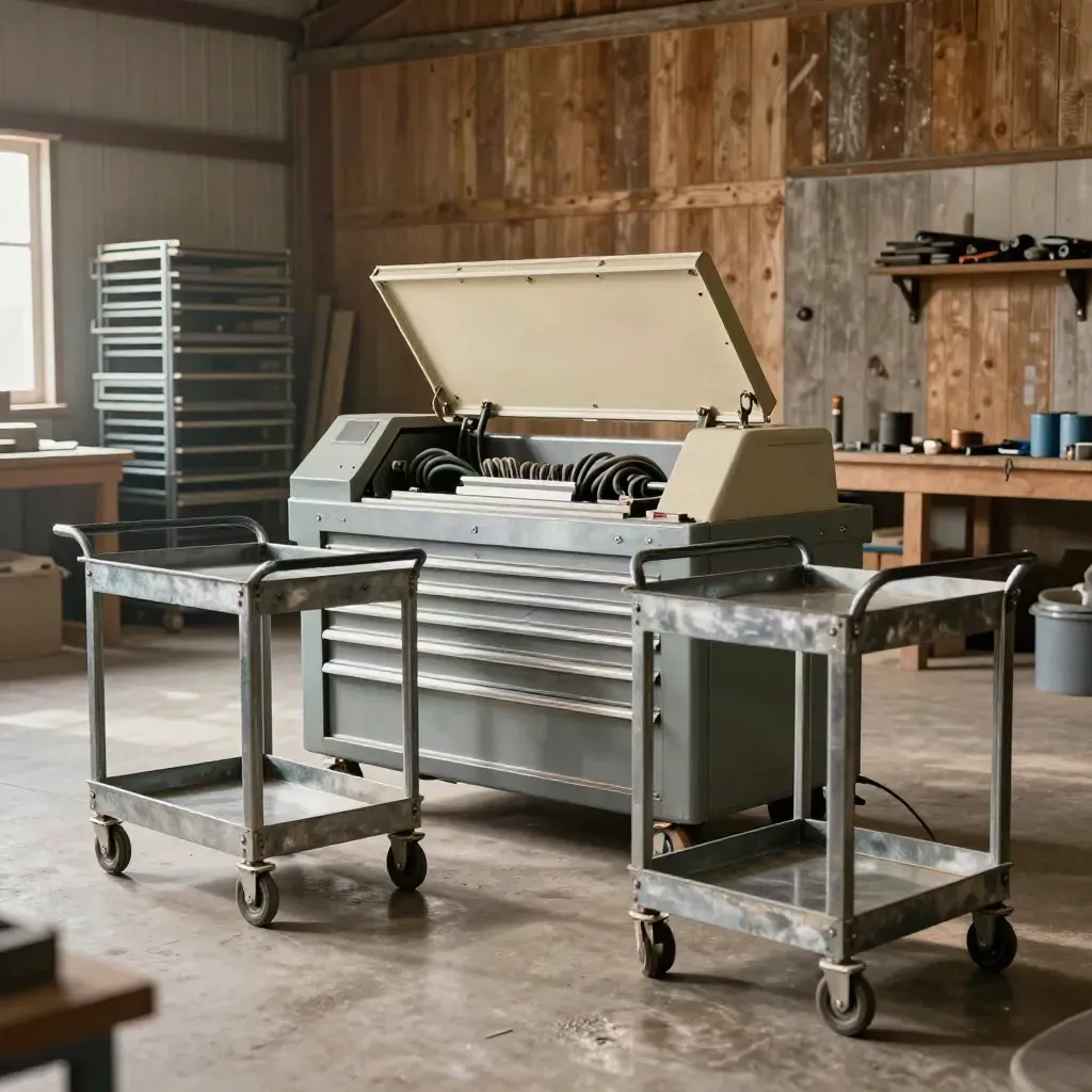 Werkplaats met machines, gereedschapswagens en nette kabelbundels, klaar voor gebruik