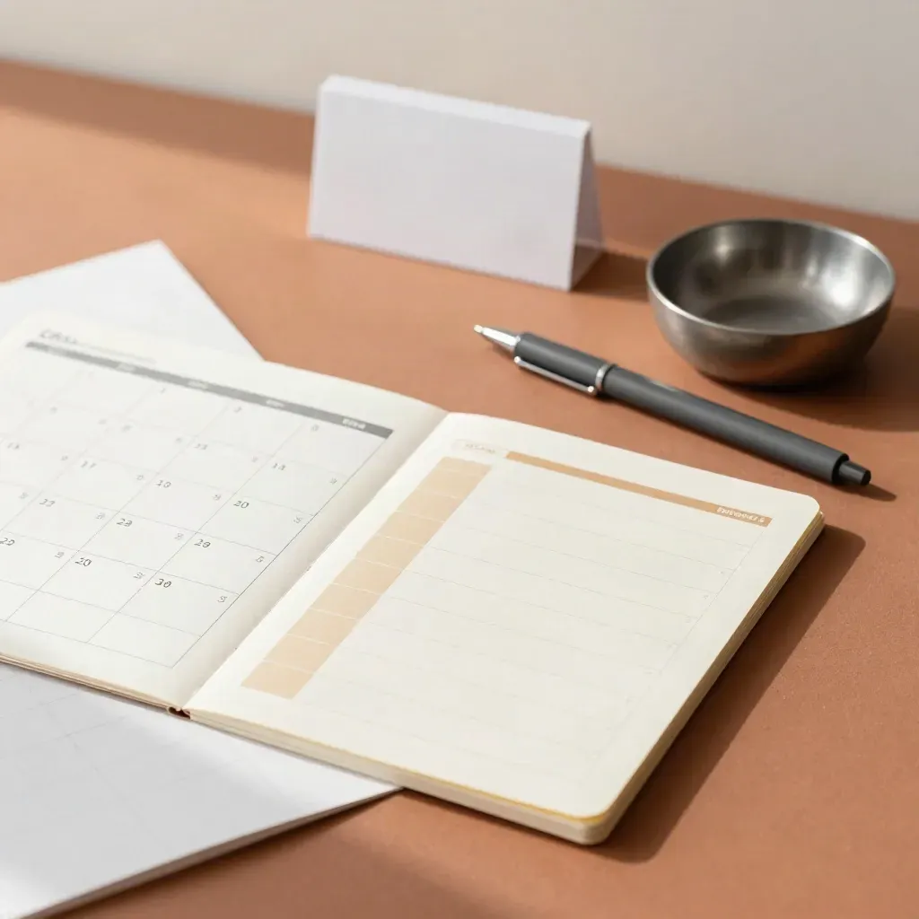 Campagnekalender met kleurblokken, gridkaart en metalen schaaltje op terracotta ondergrond.