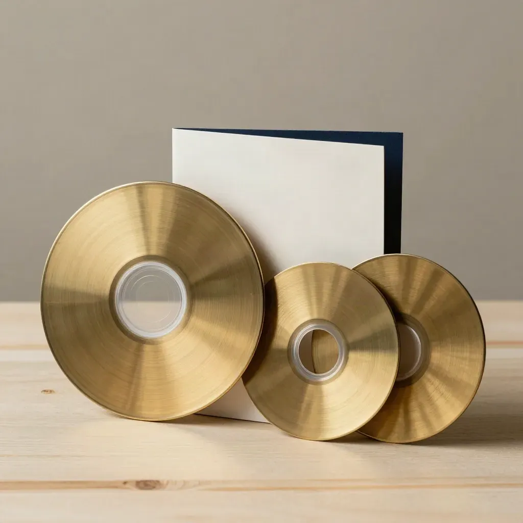 Vier messing keuzeschijven met regiochip en samplekaart op licht hout, in zachte zijlicht.