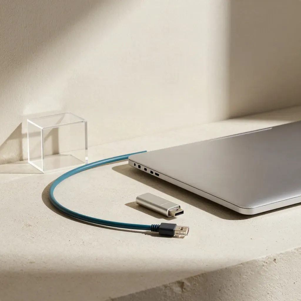 Gesloten laptop, ethernetkabel, USB-stick en acrylhouder in een lichte bureauhoek.
