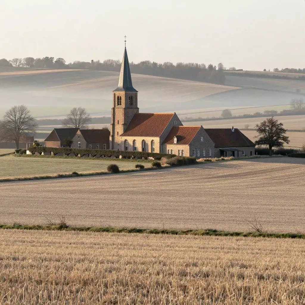 Achterhoekse dorpsrand met kerktoren, boerderij en mistige akkers in avondlicht