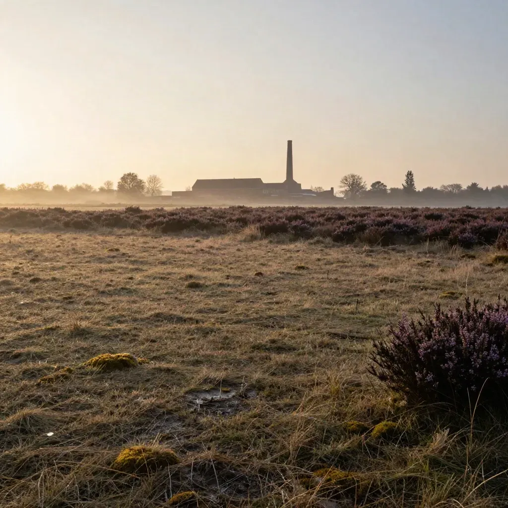 Twentse heide met mist, lage fabriekssilhouet en rustige grasvlakte bij zonsopkomst