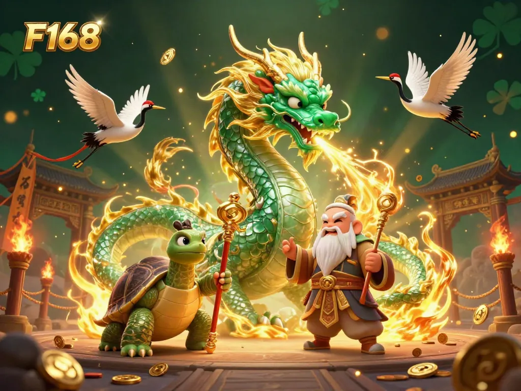 Experience the dynamic energy of F168 with a jade dragon, turtle sage, and flying cranes in a vibrant casino scene.
