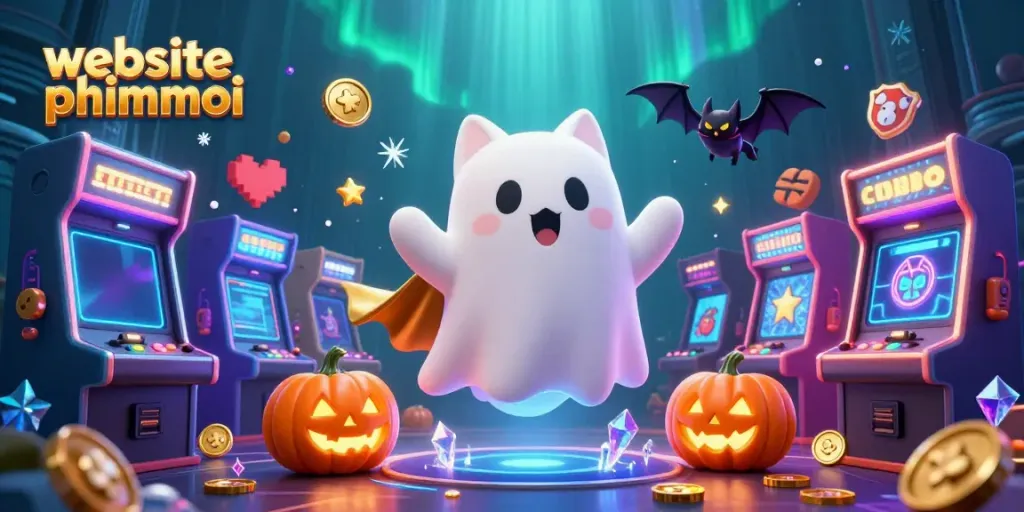 Engage with the vibrant scene of the website phimmoi showcasing a ghost cat and vampire bat in a colorful casino setting.