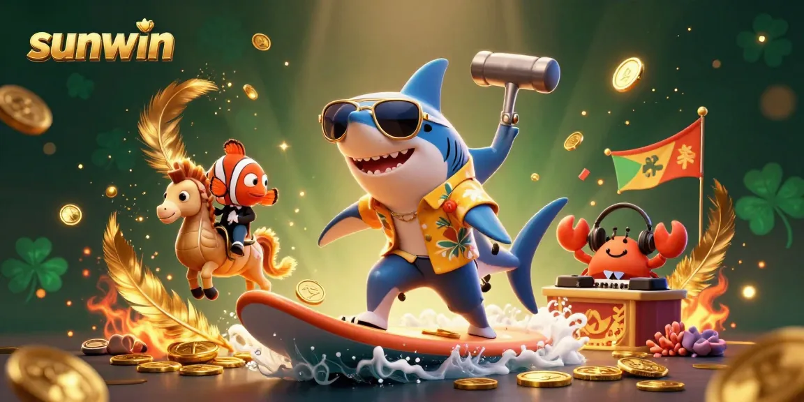 Experience the thrill of sunwin with vibrant underwater characters surfing through a wave of gold coins.